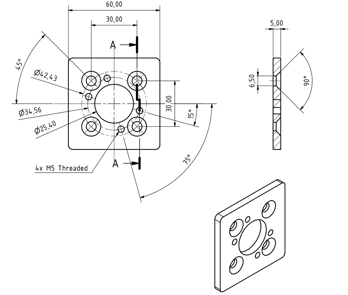 Leadscrew mounting plate 60x60x5 STEEL