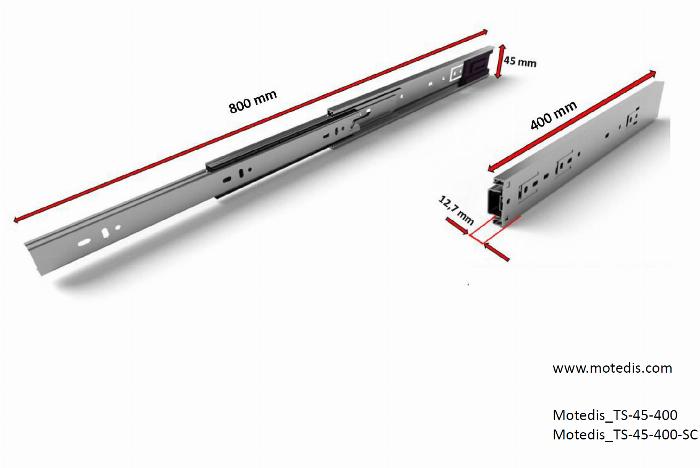 Telescopic slider H=45 (full extension), soft close, L=400 made of zinc coated steel