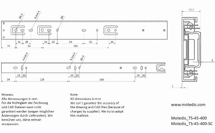 Telescopic slider H=45 (full extension), soft close, L=400 made of zinc coated steel
