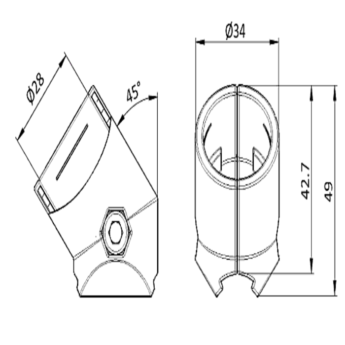 45° connector for circular tubes 28mm