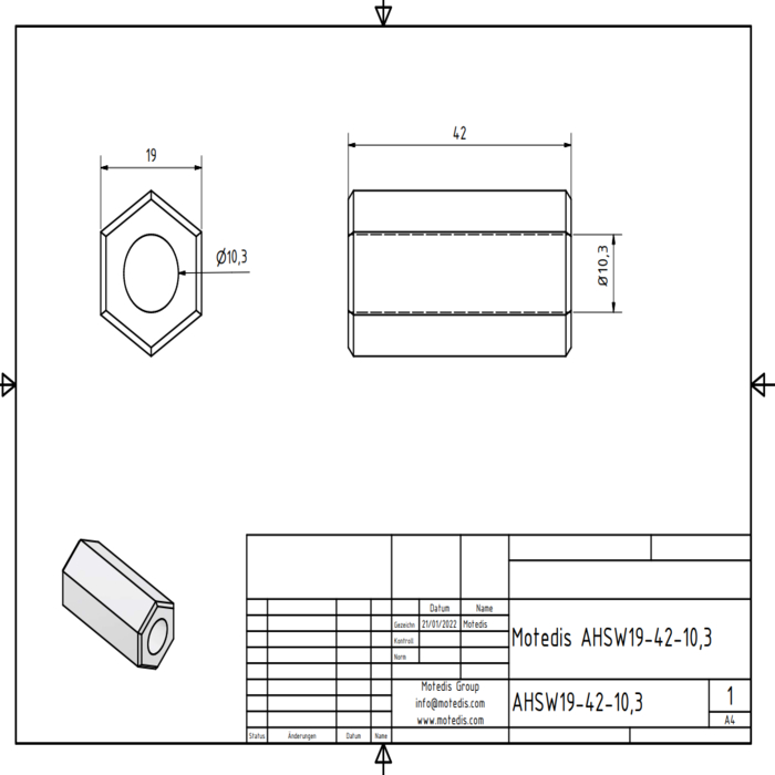 Alu Sechskant SW19 Länge 42mm Ø10,3 Durchgangsbohrung